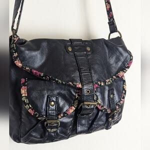 Vegan Leather Crossbody Bag With Corduroy Floral Trim & Magnetic Buckle Snaps